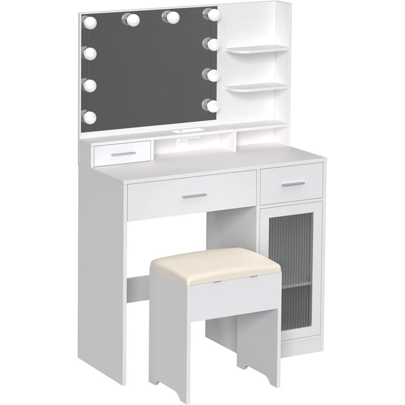 Latitude Run® Vanity Desk with Mirror and Lights,White Makeup Vanity with Power Outlet & Storage